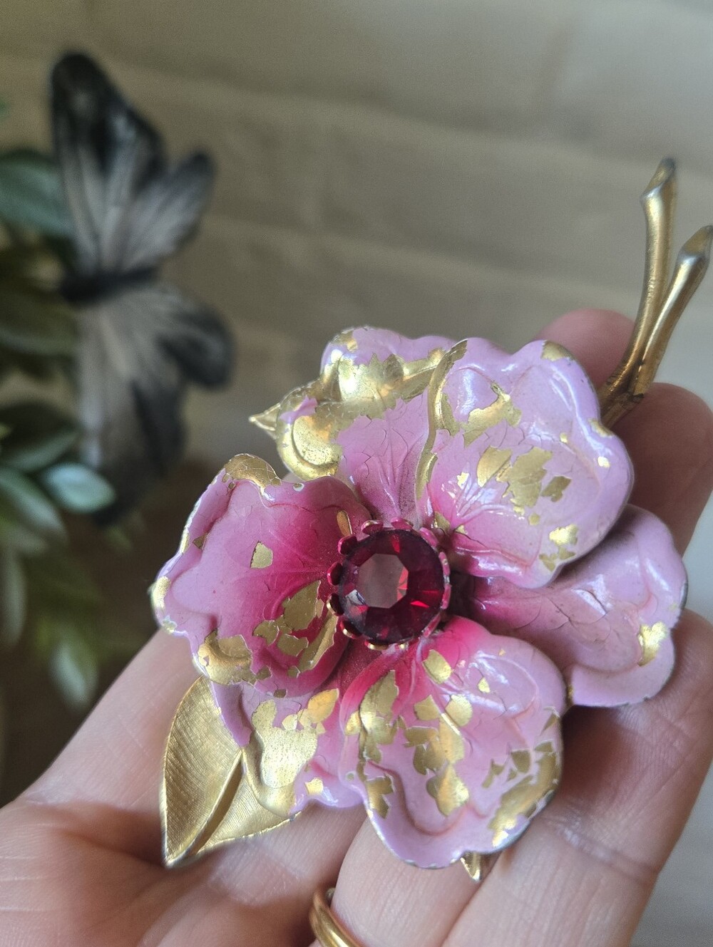 Vtg Peony Rhinestone Flower Brooch, Mid-Century, Bohemian